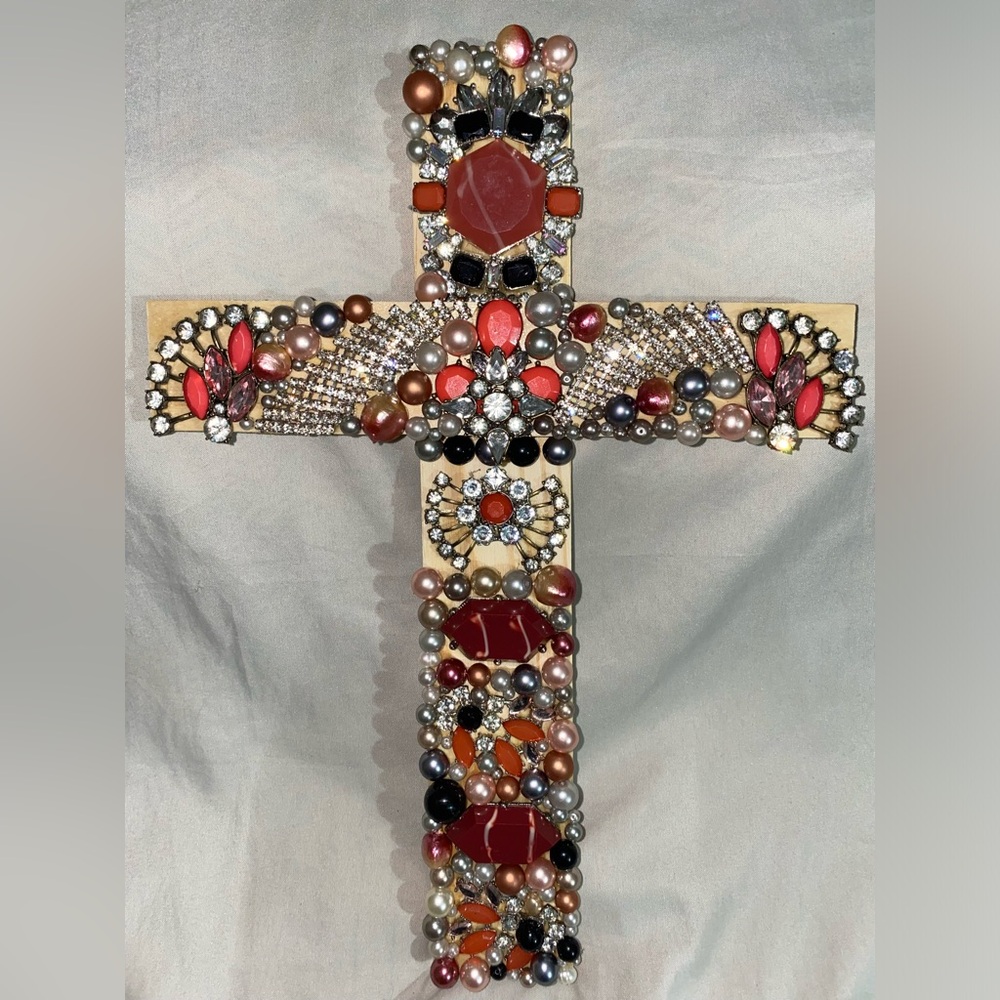 Orange, pink, cream, silver colors & Rhinestones Wood ✝️ w/ Repurposed Jewelry